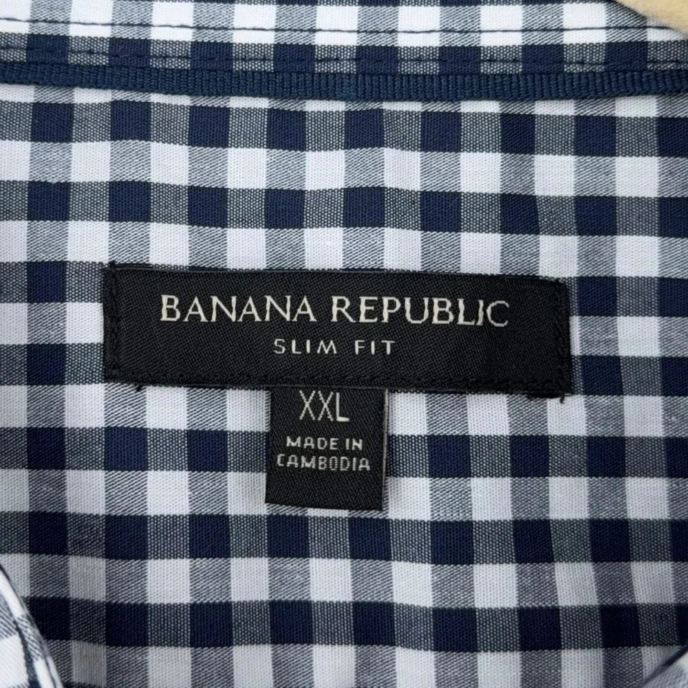Banana Republic Men's XXL Slim Fit Navy Gingham Long‎ Sleeve Dress Shirt